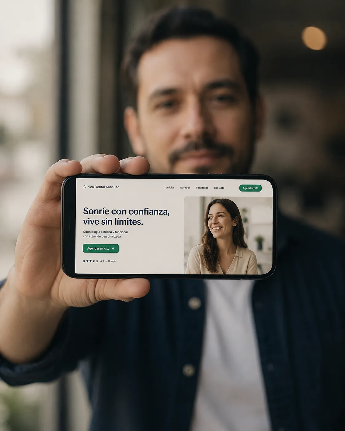 Dueño de PyME mostrando su nuevo sitio web en su celular
